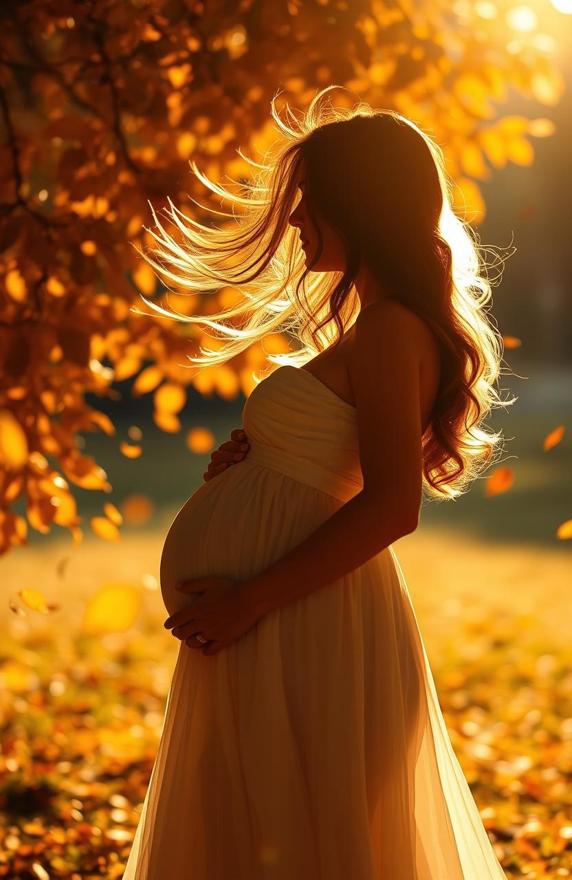 A beautiful autumn scene dominated by golden hues, where falling leaves slowly transform into flower petals