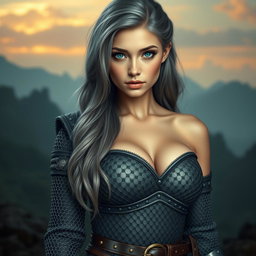 A busty beautiful cleric, slender European girl with very large tender breasts, showcasing her long soft layers of ash grey hair