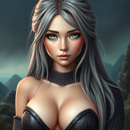 A busty beautiful cleric, slender European girl with very large tender breasts, showcasing her long soft layers of ash grey hair