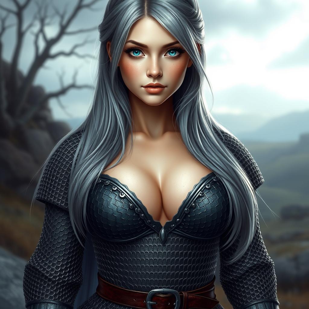 A busty beautiful cleric, slender European girl with very large tender breasts, showcasing her long soft layers of ash grey hair