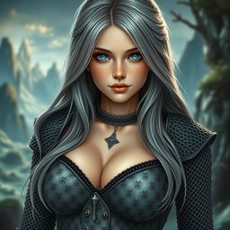 A busty beautiful cleric, slender European girl with very large tender breasts, showcasing her long soft layers of ash grey hair