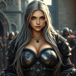 A busty and beautiful slender European cleric girl with very large tender breasts, long soft layers of ash grey hair cascading down her back, and bright turquoise eyes shining with kindness