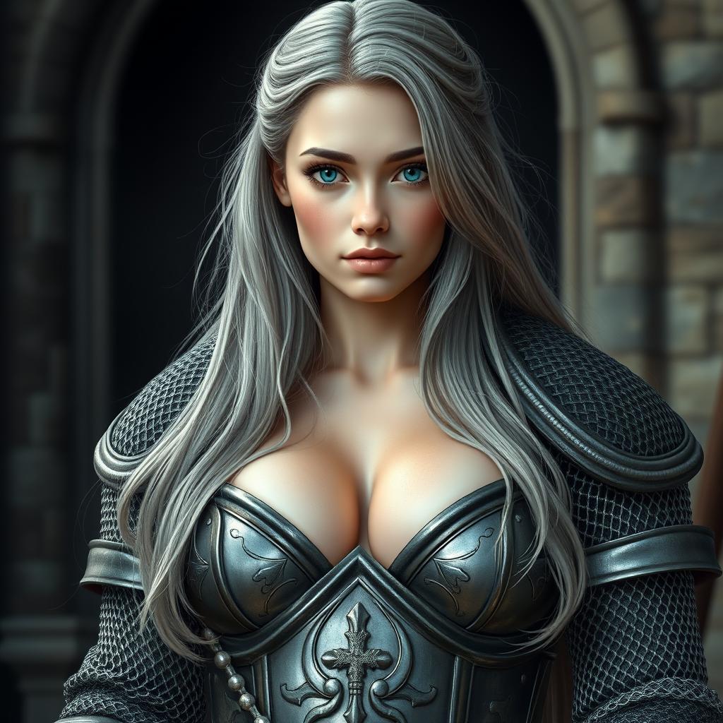 A busty and beautiful slender European cleric girl with very large tender breasts, long soft layers of ash grey hair cascading down her back, and bright turquoise eyes shining with kindness