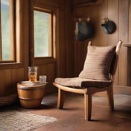 An inviting teak wood chair, exuding warmth with its rich grains, situated in the welcoming atmosphere of a rustic cabin.