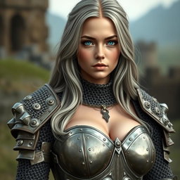A busty beautiful cleric, a slender European girl with very large tender breasts, features long soft layers of ash grey hair, and bright turquoise eyes