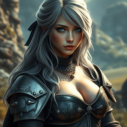 A busty beautiful cleric, a slender European girl with very large tender breasts, features long soft layers of ash grey hair, and bright turquoise eyes