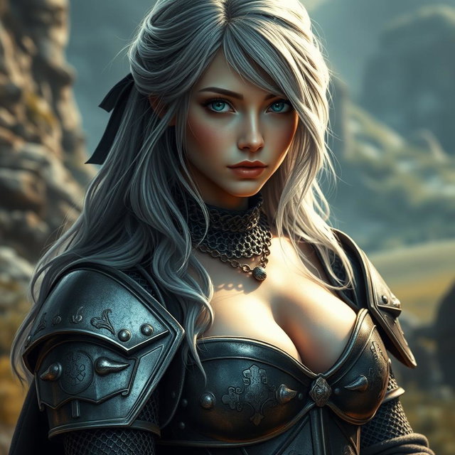 A busty beautiful cleric, a slender European girl with very large tender breasts, features long soft layers of ash grey hair, and bright turquoise eyes