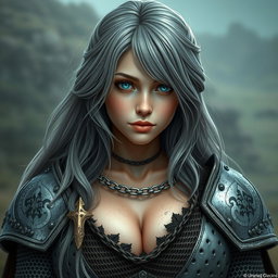 A busty beautiful cleric, a slender European girl with very large tender breasts, features long soft layers of ash grey hair, and bright turquoise eyes