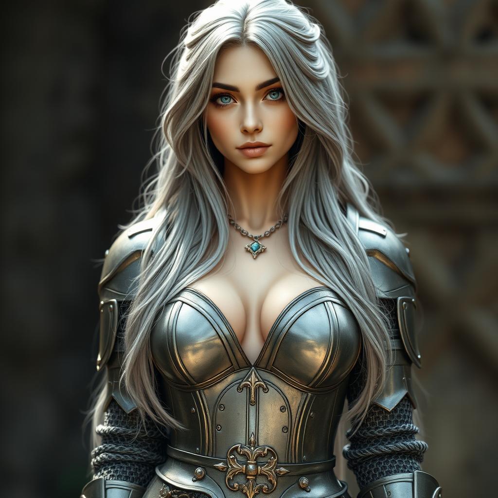 A stunning European cleric with an elegant yet powerful presence, characterized by her slender figure and large, tender breasts
