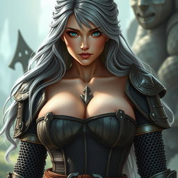 A busty, beautiful cleric with a slender figure, featuring very large tender breasts