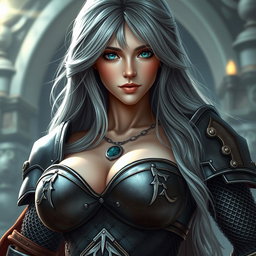 A busty, beautiful cleric with a slender figure, featuring very large tender breasts