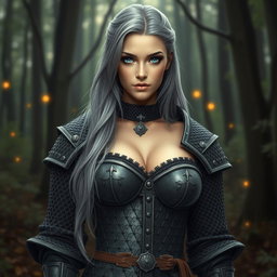 A busty beautiful cleric, slender European girl with very large tender breasts, long soft layered ash grey hair, and bright turquoise eyes