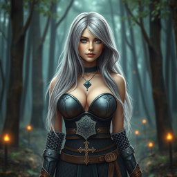 A busty beautiful cleric, slender European girl with very large tender breasts, long soft layered ash grey hair, and bright turquoise eyes