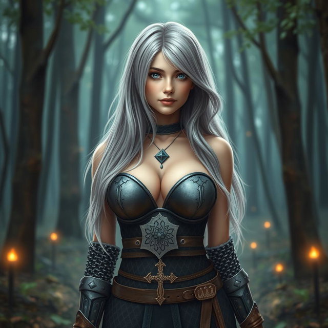 A busty beautiful cleric, slender European girl with very large tender breasts, long soft layered ash grey hair, and bright turquoise eyes