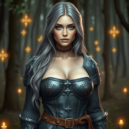A busty beautiful cleric, slender European girl with very large tender breasts, long soft layered ash grey hair, and bright turquoise eyes