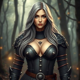 A busty beautiful cleric, slender European girl with very large tender breasts, long soft layered ash grey hair, and bright turquoise eyes
