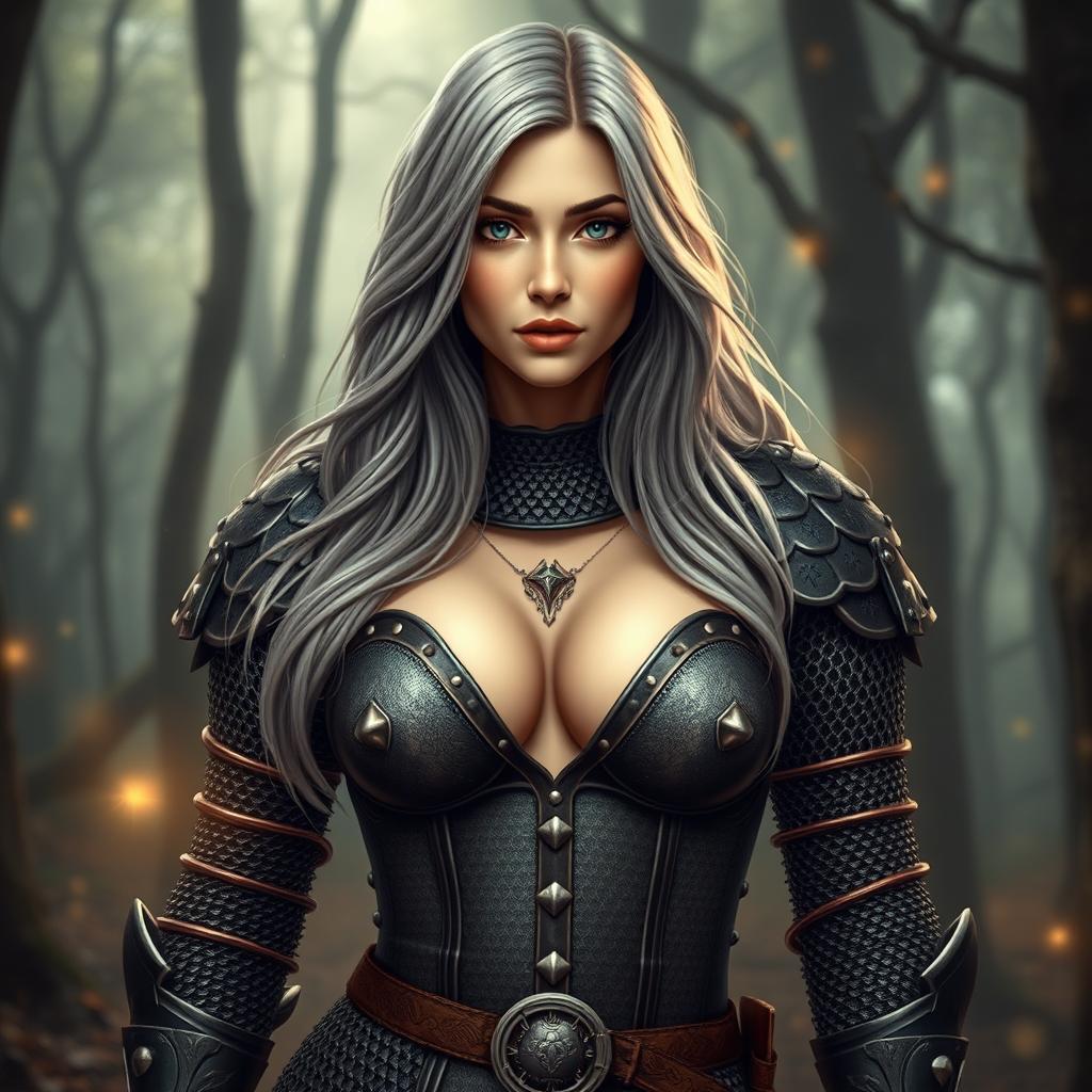 A busty beautiful cleric, slender European girl with very large tender breasts, long soft layered ash grey hair, and bright turquoise eyes