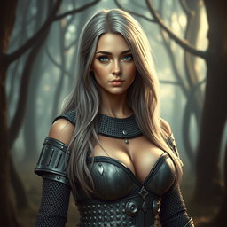 A beautiful busty cleric, slender European girl with very large tender breasts, featuring long soft layers of ash grey hair and bright turquoise eyes