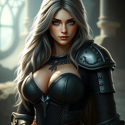 A busty beautiful European cleric, slender with an attractive figure, featuring very large, tender breasts