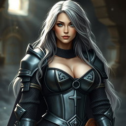A busty beautiful European cleric, slender with an attractive figure, featuring very large, tender breasts