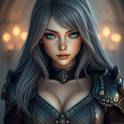 A stunning cleric character, depicted as a slender European girl with very large tender breasts