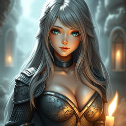 A stunning cleric character, depicted as a slender European girl with very large tender breasts