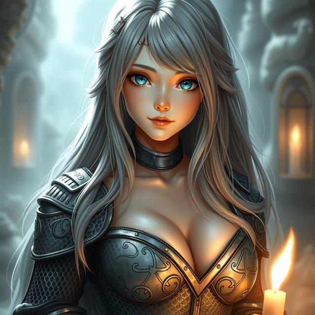 A stunning cleric character, depicted as a slender European girl with very large tender breasts