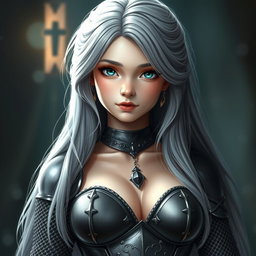 A stunning cleric character, depicted as a slender European girl with very large tender breasts
