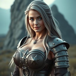 A busty and beautiful cleric, slender with a European appearance, featuring very large tender breasts