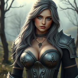A busty and beautiful cleric, slender with a European appearance, featuring very large tender breasts