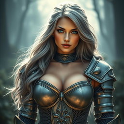 A busty and beautiful cleric, slender with a European appearance, featuring very large tender breasts
