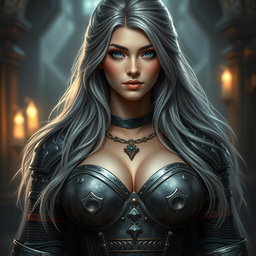 A busty and beautiful cleric characterized by a slender European physique