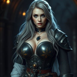 A busty and beautiful cleric characterized by a slender European physique