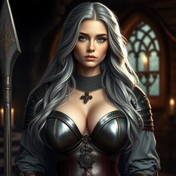 A busty and beautiful cleric characterized by a slender European physique