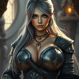 A busty and beautiful cleric characterized by a slender European physique