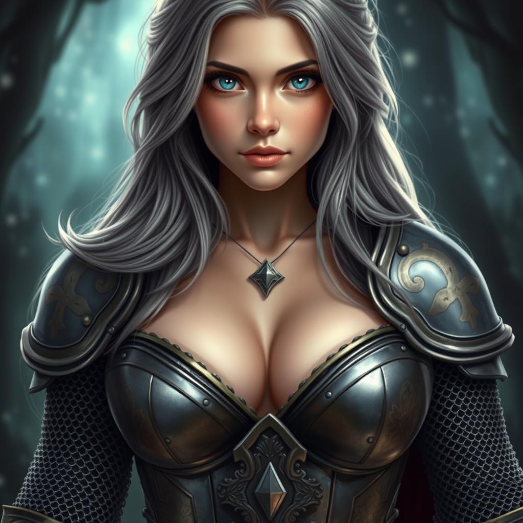 A busty, beautiful cleric, slender European girl with very large, tender, push-up breasts