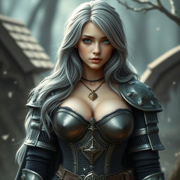 A busty, beautiful cleric, slender European girl with very large, tender, push-up breasts