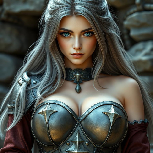 A busty, beautiful European cleric girl with very large, tender push-up breasts