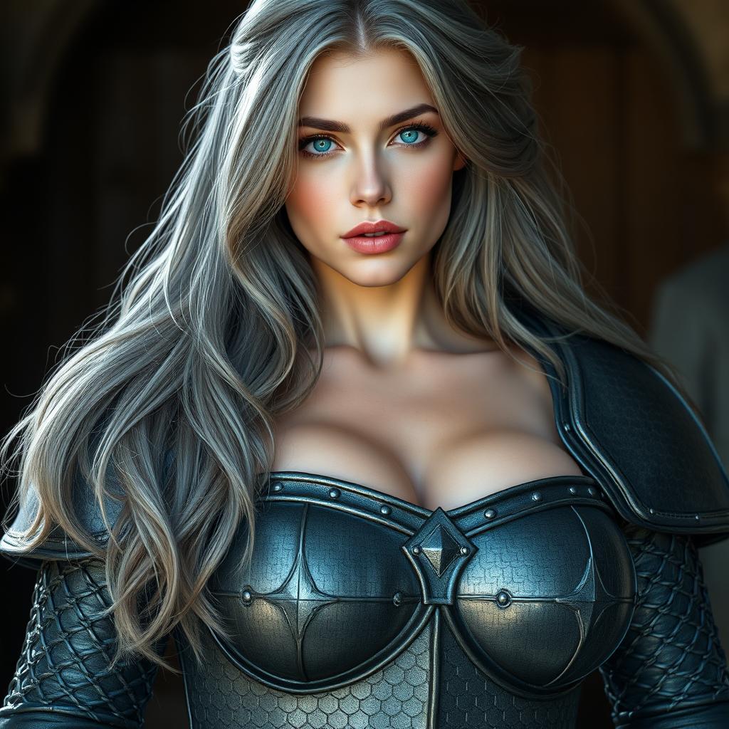 A busty, beautiful European cleric girl with very large, tender push-up breasts
