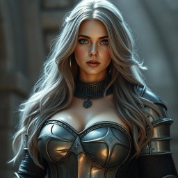 A busty beautiful cleric, slender European girl with very large tender breasts, long soft layers of ash grey hair cascading down her shoulders, captivating bright turquoise eyes, and a lovely cute shy loving oval-shaped face