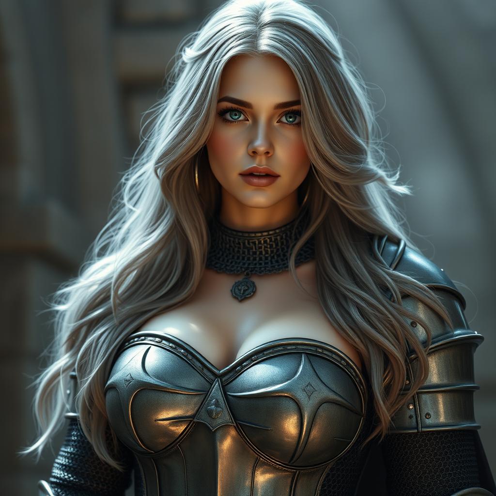 A busty beautiful cleric, slender European girl with very large tender breasts, long soft layers of ash grey hair cascading down her shoulders, captivating bright turquoise eyes, and a lovely cute shy loving oval-shaped face