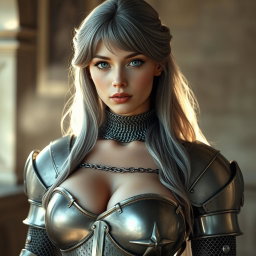 A busty beautiful cleric, slender European girl with very large tender breasts, long soft layers of ash grey hair cascading down her shoulders, captivating bright turquoise eyes, and a lovely cute shy loving oval-shaped face