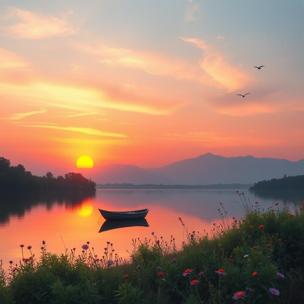 A serene landscape featuring a beautiful sunset over a calm lake, with vibrant orange and pink hues reflecting off the water