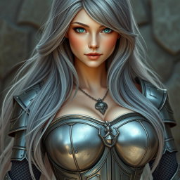 A busty, beautiful cleric with a slender build, showcasing very large, tender breasts enhanced by push-up elements