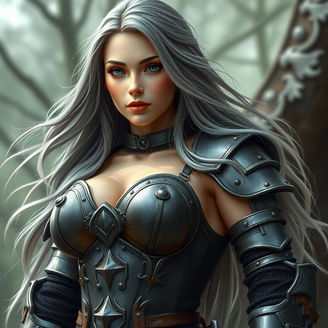 A busty, beautiful cleric with a slender build, showcasing very large, tender breasts enhanced by push-up elements