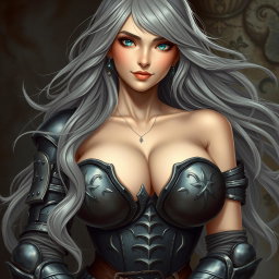 A busty, beautiful cleric with a slender build, showcasing very large, tender breasts enhanced by push-up elements