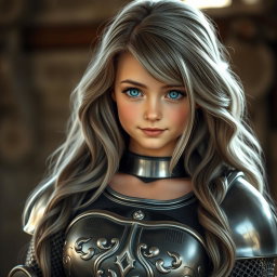An enchanting European cleric girl with a slender yet curvy figure, showcasing her ample bosom in a beautifully designed knight's heavy chainmail that emphasizes her cleavage and bust cups
