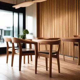 A comfortable teak wood chair elegantly placed in a contemporary café setting with ambient light illuminating the warm grains of the wood.