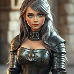 An enchanting European cleric girl with a slender yet curvy figure, showcasing her ample bosom in a beautifully designed knight's heavy chainmail that emphasizes her cleavage and bust cups