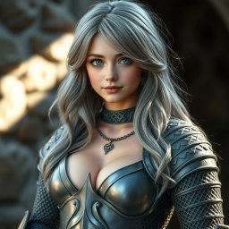 An enchanting European cleric girl with a slender yet curvy figure, showcasing her ample bosom in a beautifully designed knight's heavy chainmail that emphasizes her cleavage and bust cups